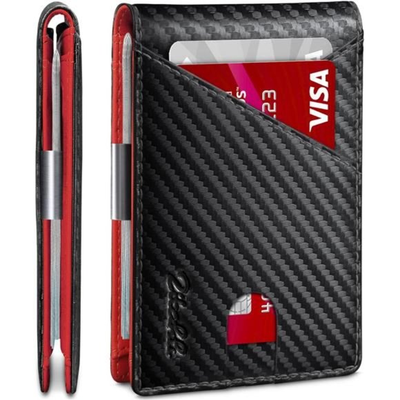 RFID Blocking Bifold Minimalist Wallets with Gift Box Carbon Black and Red